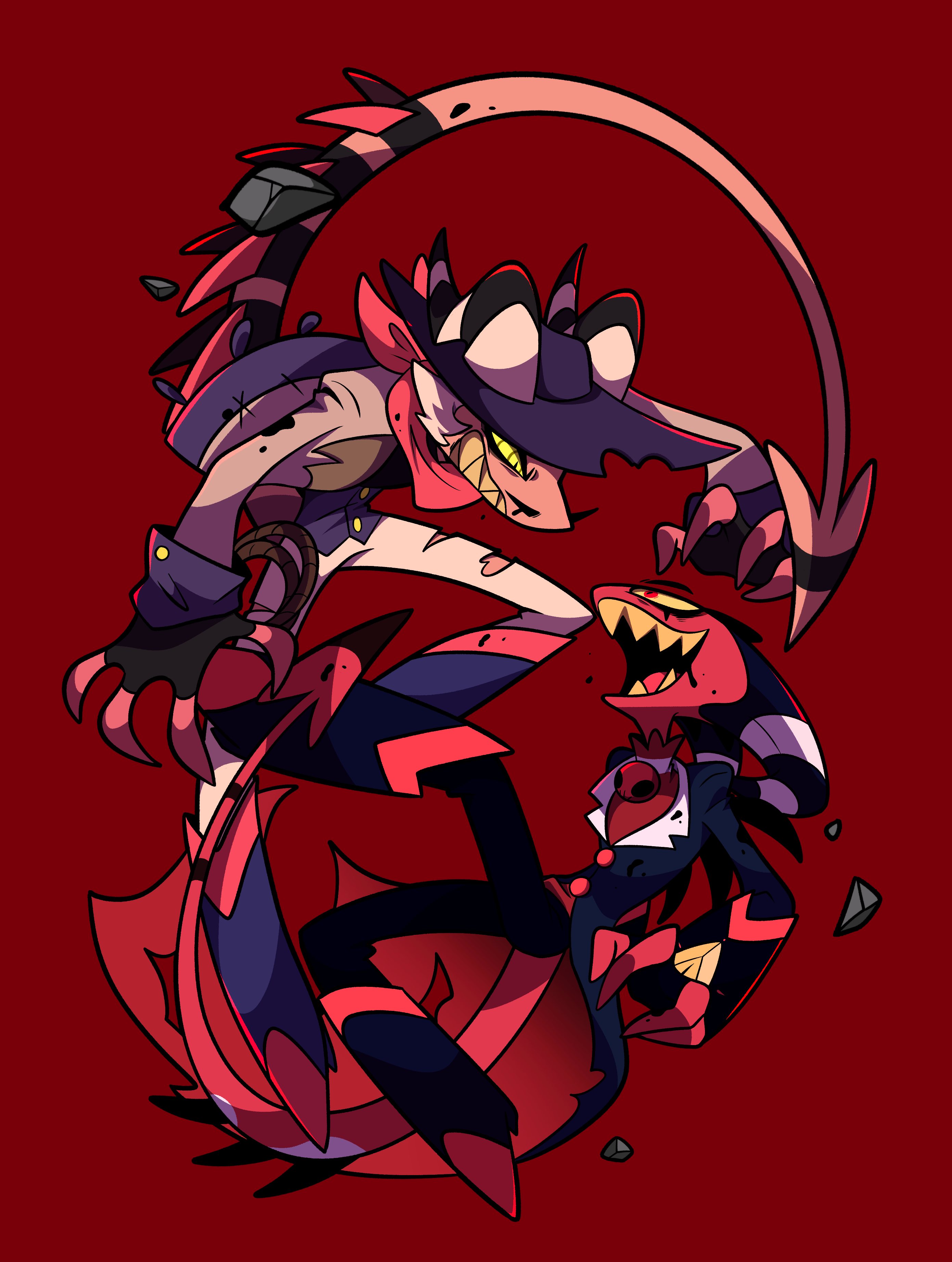 paldo impcity, blitzo (helluva boss), striker (helluva boss), hellaverse, helluva boss, absurdres, commentary request, highres, 2boys, colored skin, cowboy hat, demon boy, demon horns, demon tail, evil grin, evil smile, grin, hat, horns, male focus, multiple boys, red scarf, red skin, ringed eyes, scarf, sharp teeth, smile, tail, teeth, yellow eyes