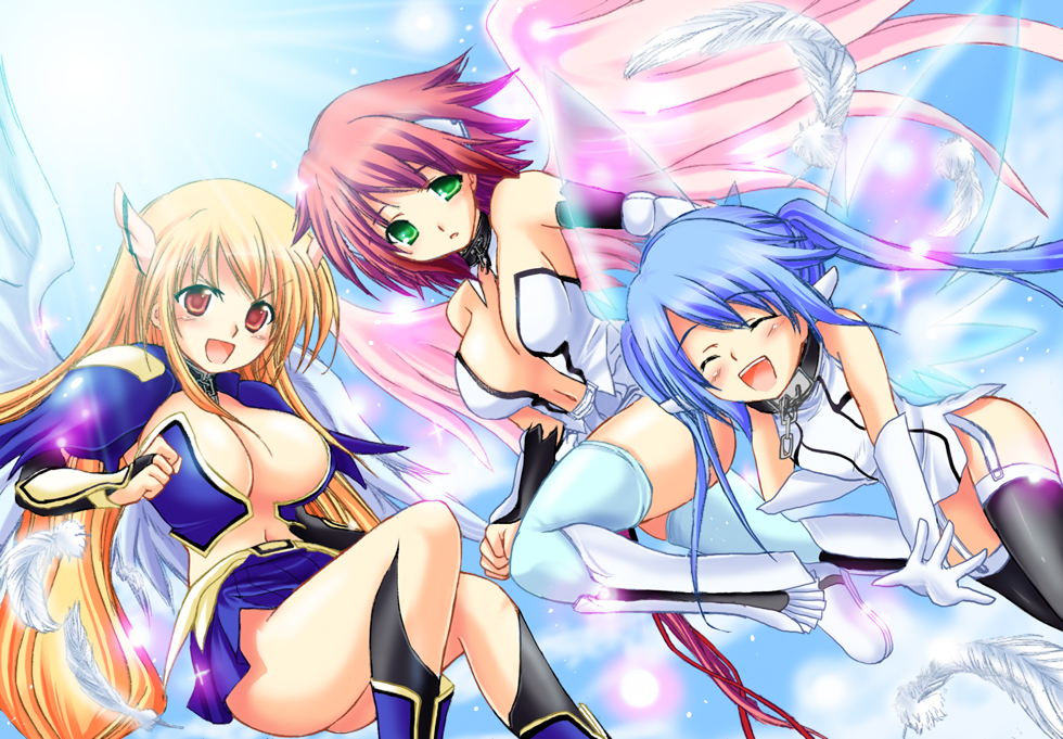 astraea (sora no otoshimono), ikaros, nymph (sora no otoshimono), sora no otoshimono, artist request, 00s, 3girls, blonde hair, blue hair, chain, closed eyes, collar, flying, green eyes, long hair, multiple girls, red eyes, red hair, smile, thighhighs, twintails, wings