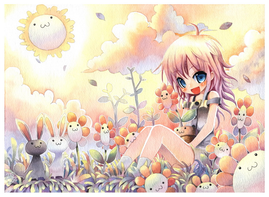 emperpep, painting (medium), traditional media, watercolor (medium), 1girl, :3, ahoge, blue eyes, blush, cloud, female focus, flower, nature, open mouth, outdoors, pink hair, rabbit, sky, solo, sun