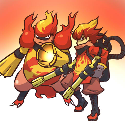 hitec, magmortar, moemon, nintendo, pokemon, pokemon dppt, costume, 1boy, arm cannon, boots, cosplay, creature and personification, flamethrower, gen 4 pokemon, magmortar (cosplay), male focus, personification, red hair, shirt, weapon