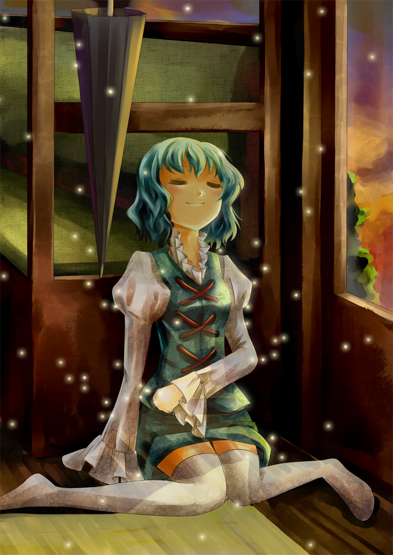 vetina, tatara kogasa, touhou, 1girl, aqua hair, blue hair, closed eyes, closed umbrella, female focus, sandals, sitting, smile, solo, thighhighs, transparent, umbrella, wariza, white thighhighs, zettai ryouiki