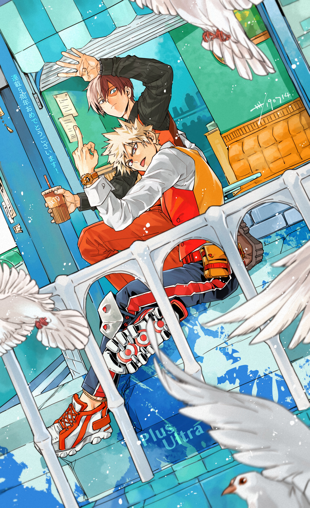 sashiyu, bakugou katsuki, todoroki shoto, boku no hero academia, commentary request, highres, 2boys, bird, black pants, blonde hair, long sleeves, male focus, middle finger, multicolored hair, multiple boys, orange pants, outdoors, pants, railing, red eyes, scar, scar on face, shirt, shoes, short hair, sneakers, spiked hair, two-tone hair, watch, white bird, white shirt, wristwatch