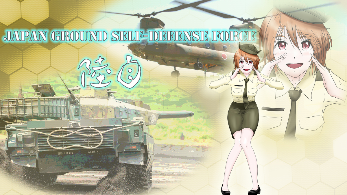 japan ground self-defense force, japan self-defense force, 1girl, green necktie, green shirt, green skirt, military vehicle, motor vehicle, necktie, orange eyes, orange hair, pencil skirt, pink eyes, pink hair, shirt, skirt, tank, yellow shirt