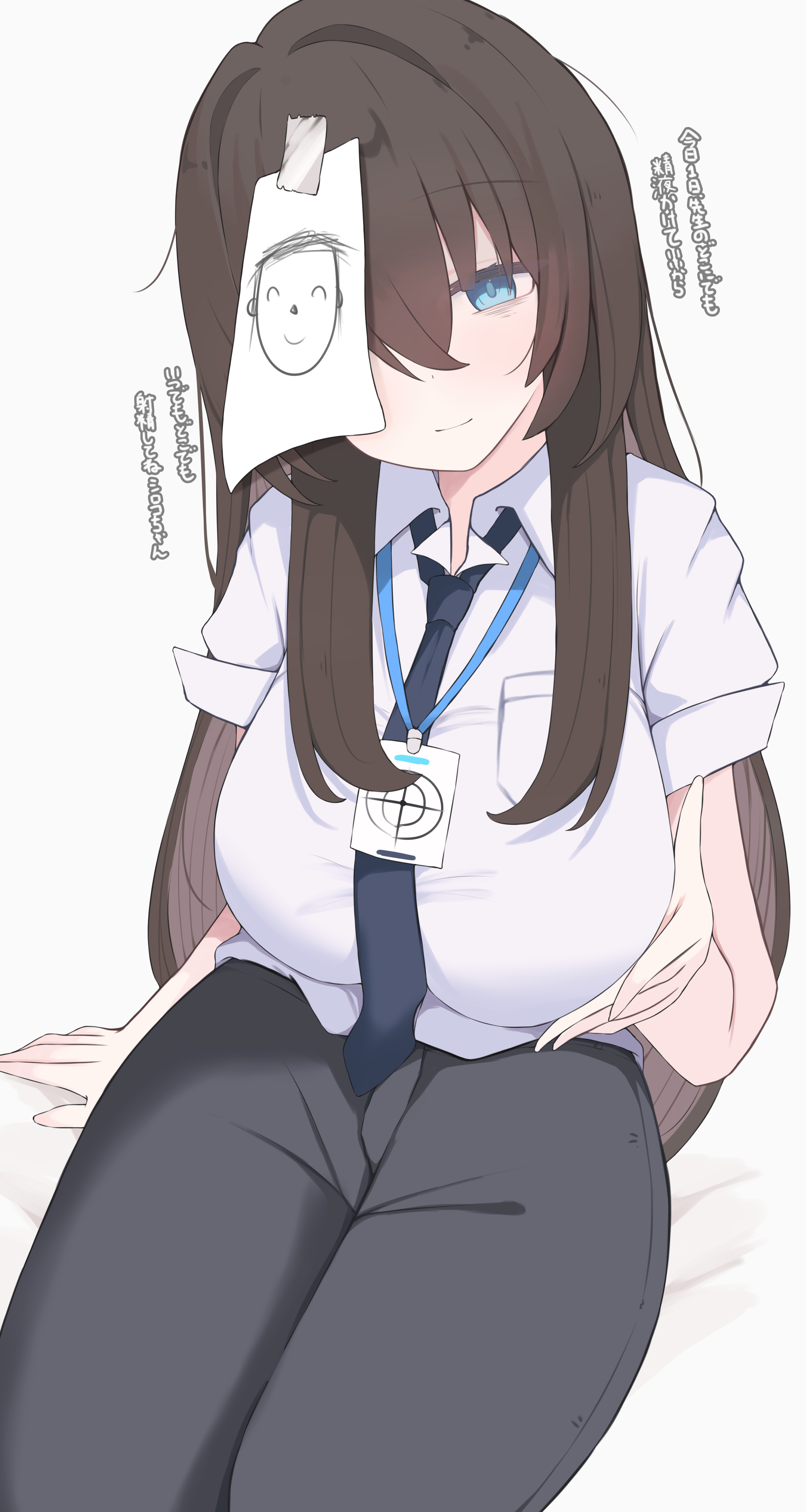 nui (nuinui0300), doodle sensei (blue archive), female sensei (blue archive), sensei (blue archive), blue archive, absurdres, commentary request, highres, translation request, variant set, 1girl, black pants, blue eyes, blue necktie, breast pocket, breasts, brown hair, closed mouth, collared shirt, lanyard, large breasts, long hair, looking at viewer, necktie, pants, paper on head, pocket, shirt, short sleeves, simple background, sitting, solo, very long hair, white background, white shirt