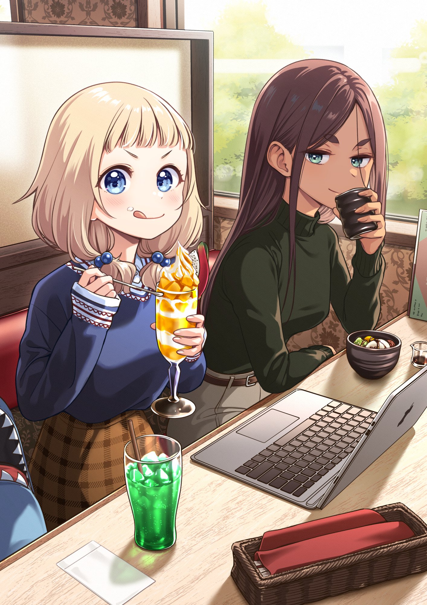 tokunou shoutarou, ahagon umiko, sakura nene, new game!, commentary request, highres, official art, 2girls, :p, blonde hair, blue bag, blue eyes, blue shirt, booth seating, brown hair, checkered clothes, checkered skirt, computer, cup, denim, drinking glass, drinking straw, food, food on face, green eyes, green shirt, hair bobbles, hair ornament, holding, holding cup, ice cream, ice cream on face, ice cream spoon, jeans, laptop, long hair, looking at viewer, medium hair, multiple girls, napkin, pants, shirt, shirt tucked in, sitting, skirt, smile, spoon, tongue, tongue out
