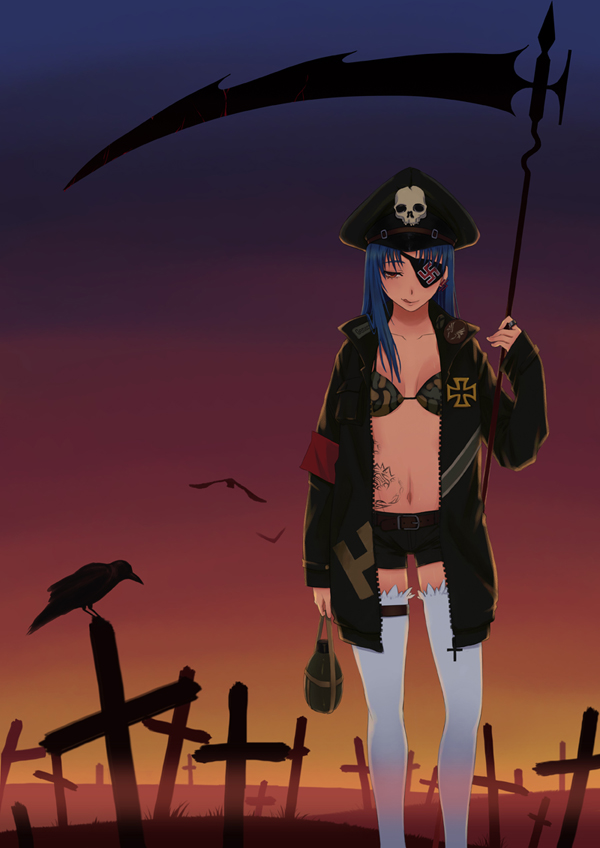 yang niangniang, chidori kaname, full metal panic!, 00s, 1girl, :d, :q, belt, bird, bra, breasts, canteen, cross, crow, eyepatch, female focus, graveyard, hat, lingerie, long hair, military, military uniform, navel, nazi, open clothes, open mouth, peaked cap, red eyes, scythe, short shorts, shorts, skull, smile, solo, swastika, tattoo, thighhighs, tongue, tongue out, underwear, white thighhighs