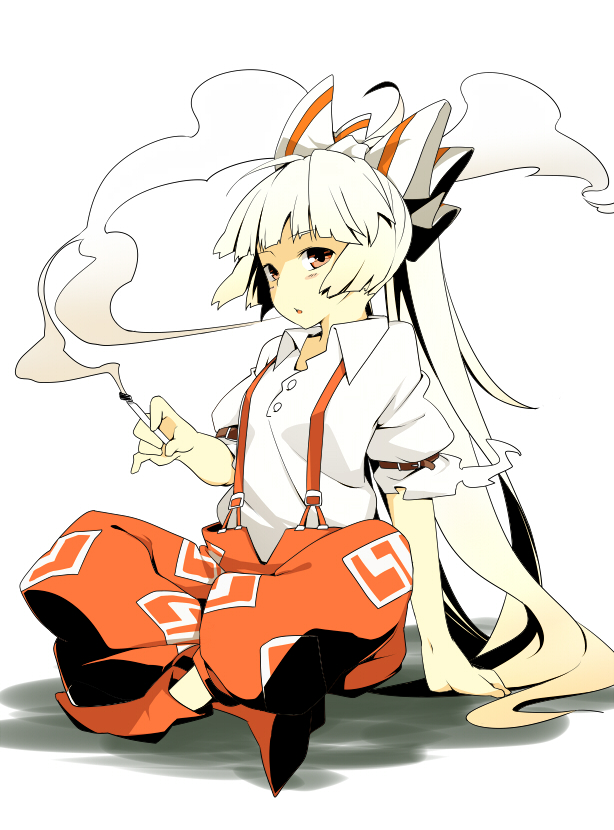 la-do, oguro (moyashi 2-hon), fujiwara no mokou, touhou, silver hair, bad id, bad pixiv id, 1girl, bow, cigarette, female focus, hair bow, long hair, ponytail, red eyes, smoke, solo, suspenders