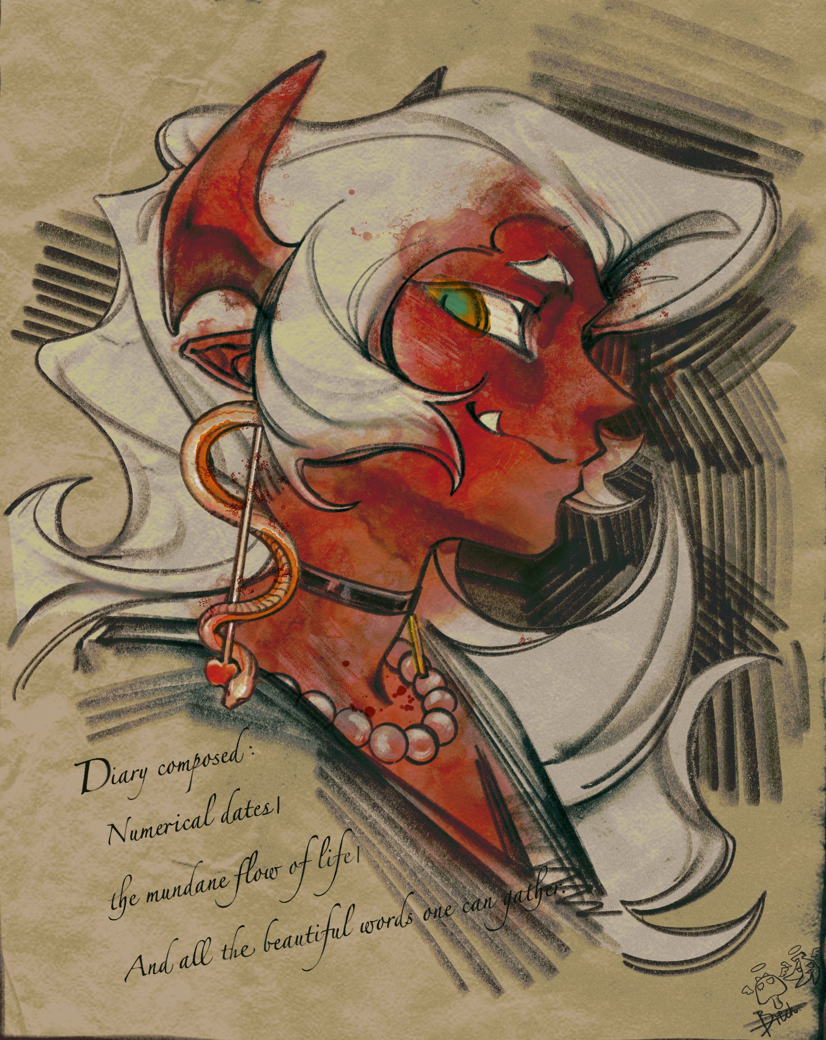 guru.zong, scanty (psg), panty & stocking with garterbelt, highres, 1girl, demon horns, demon tail, earrings, fang, fang out, green eyes, horns, jewelry, long hair, looking at viewer, single earring, solo, tail