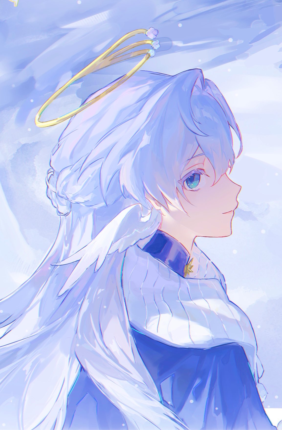 robin (honkai: star rail), honkai: star rail, honkai (series), commentary, english commentary, hashtag-only commentary, highres, symbol-only commentary, 1girl, blue coat, cloak, closed mouth, coat, colored eyebrows, colored eyelashes, colorful background, green eyes, halo, head wings, long hair, looking at viewer, looking back, maowvi7, white cloak, white wings, wings, yellow halo