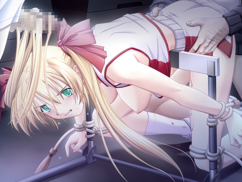 ribahara aki, akehime saki, ail soft, kyouhaku 2, game cg, 1girl, angry, bdsm, blonde hair, blood, blush, bondage, bound, bound wrists, breasts, breasts out, censored, clenched teeth, defloration, green eyes, group sex, hairjob, hanging breasts, indoors, jump rope, long hair, mosaic censoring, nipples, no bra, open clothes, penis, rape, rope, sex, sex from behind, solo focus, teeth, twintails, wince