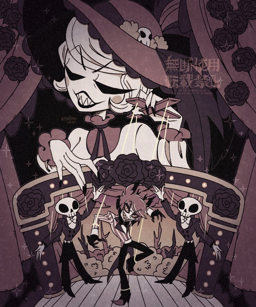 a03bi9, alastor (hazbin hotel), rosie (hazbin hotel), hazbin hotel, hellaverse, commentary, 1boy, 1girl, black pants, collared shirt, dress, long dress, pants, pink shirt, red hair, shirt, short hair, white dress