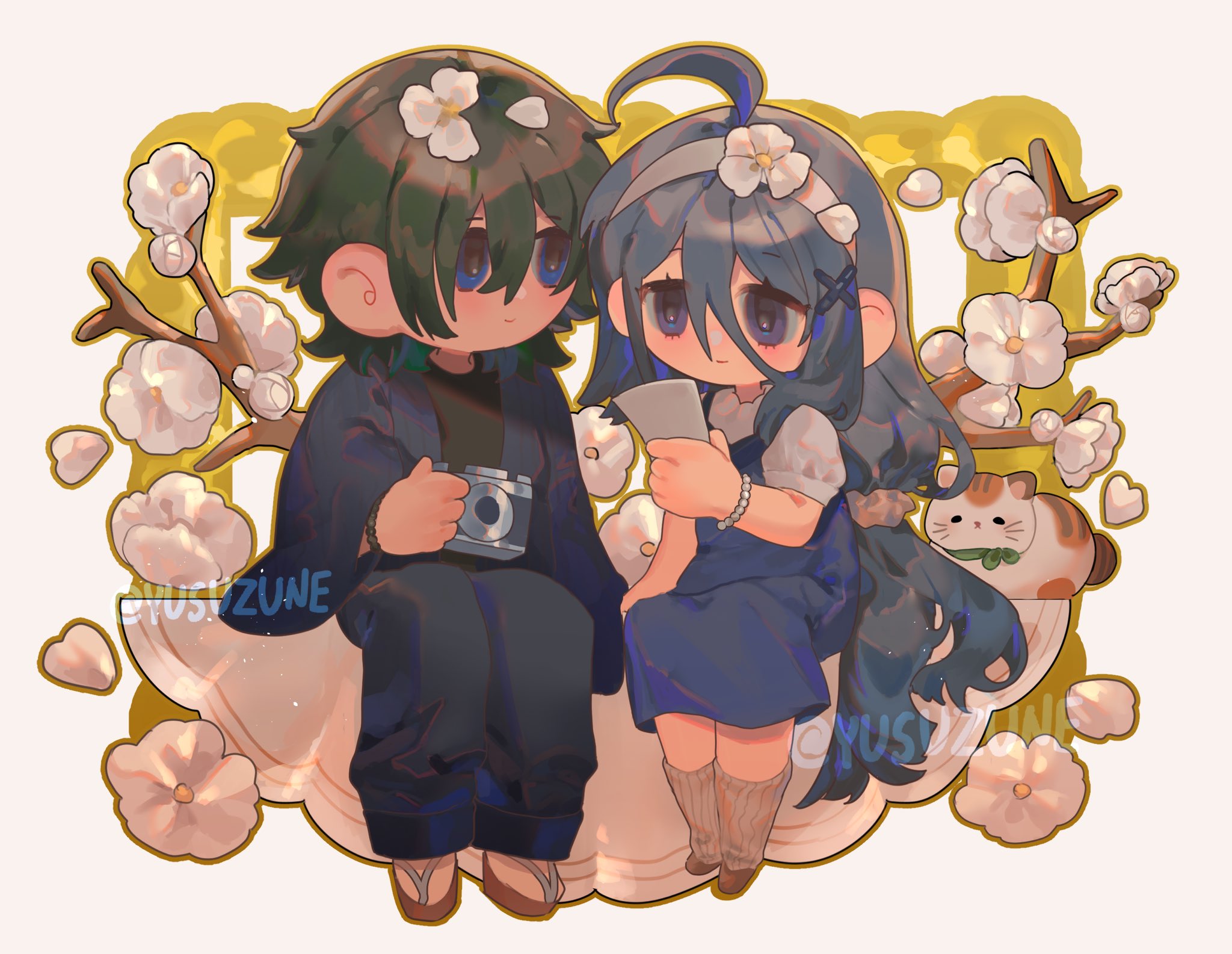 original, commentary, commission, english commentary, highres, vgen commission, 1boy, 1girl, ahoge, bead bracelet, beads, black hair, black kimono, black pants, black shirt, blue dress, blue eyes, bracelet, brown shoes, camera, cat, chibi, chibi only, closed mouth, dress, eyelashes, flower, flower on head, grey hair, grey leg warmers, hair between eyes, hair ornament, holding, holding camera, japanese clothes, jewelry, kimono, leg warmers, long hair, looking at another, looking at object, medium hair, pants, shirt, shoes, short sleeves, simple background, sitting, smile, twitter username, very long hair, watermark, white background, x hair ornament, yusu zune