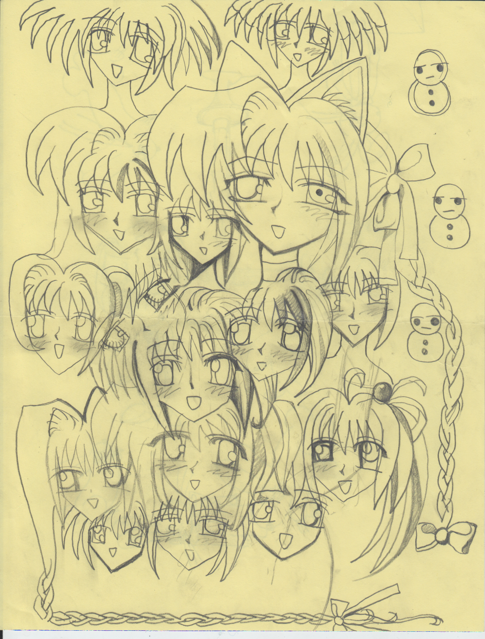 yogurt200, original, graphite (medium), highres, traditional media, 2000s (style), 6+girls, animal ears, blush, bow, braid, cat ears, cat girl, choker, hair bow, liquid liar, long hair, multiple girls, short hair, side braid, simple background, smile, snowman, surreal