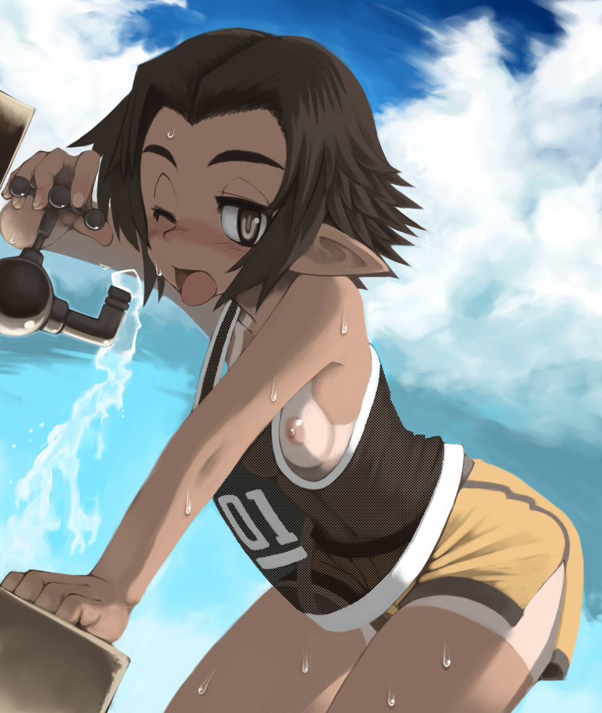kakkou (su), magronium, original, eyebrows, 1girl, arm support, armpits, bare shoulders, basketball, basketball uniform, bent over, black hair, blush, breast slip, breasts, brown eyes, clothes writing, cloud, cowboy shot, day, dithering, drinking, dutch angle, faucet, female focus, from side, gym shorts, loli, long pointy ears, looking at viewer, loose clothes, loose shirt, mesh, navel, nipple slip, nipples, no bra, nose blush, one eye closed, open mouth, outdoors, pointy ears, see-through clothes, shade, shirt, shirt tan, short hair, short shorts, shorts, shorts tan, side slit, single vertical stripe, sky, small breasts, solo, sportswear, sweat, tan, tank top, tanline, tomboy, water, wink