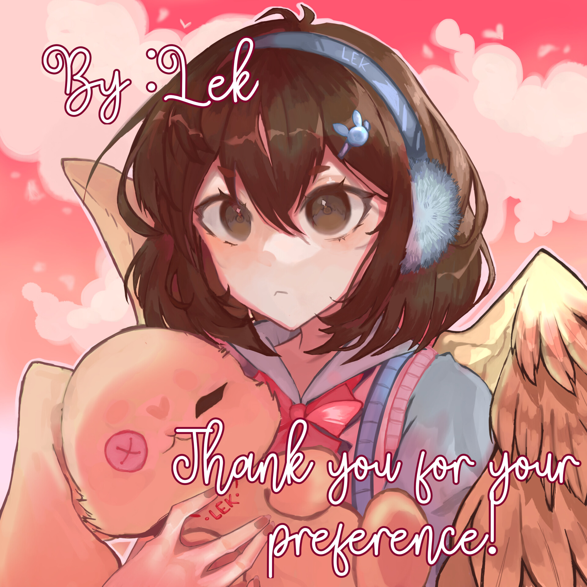 character request, commission, highres, 1girl, antenna hair, artist name, bow, brown eyes, brown hair, closed mouth, cloud, copyright name, earmuffs, english text, eyelashes, feathered wings, fingernails, hair ornament, hairclip, heart, holding, holding stuffed toy, lek apenas kk, pink bow, pink sky, sky, solo, stuffed animal, stuffed toy, thank you, wings