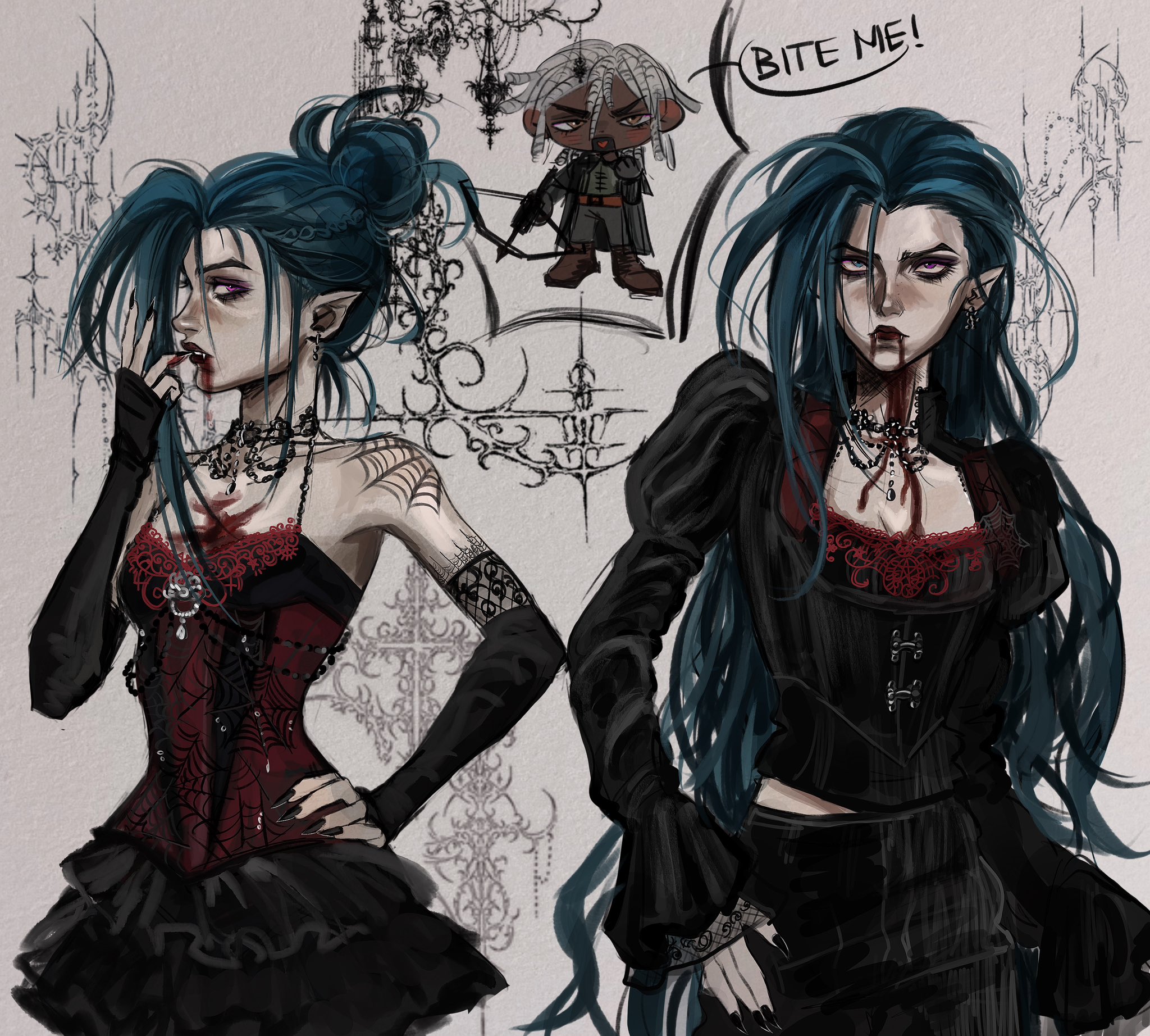 ekko (league of legends), jinx (league of legends), arcane: league of legends, league of legends, commentary, hashtag-only commentary, highres, 1boy, 1girl, alternate costume, alternate hairstyle, bare shoulders, black nails, black shirt, black skirt, blood, blood from mouth, blood on chest, blood on neck, blue eyes, blue hair, breasts, camisole, chibi, chibi inset, cowboy shot, earrings, elbow gloves, fangs, fingerless gloves, fingernails, gloves, hair bun, hand on own hip, heterochromia, iwachansarm, jewelry, juliet sleeves, lace trim, layered skirt, long fingernails, long sleeves, messy hair, midriff peek, multiple views, nail polish, necklace, pink eyes, pointy ears, puffy sleeves, red camisole, red lips, shirt, single hair bun, skirt, small breasts, solo focus, spaghetti strap, spider web print, square neckline, vampire, white background