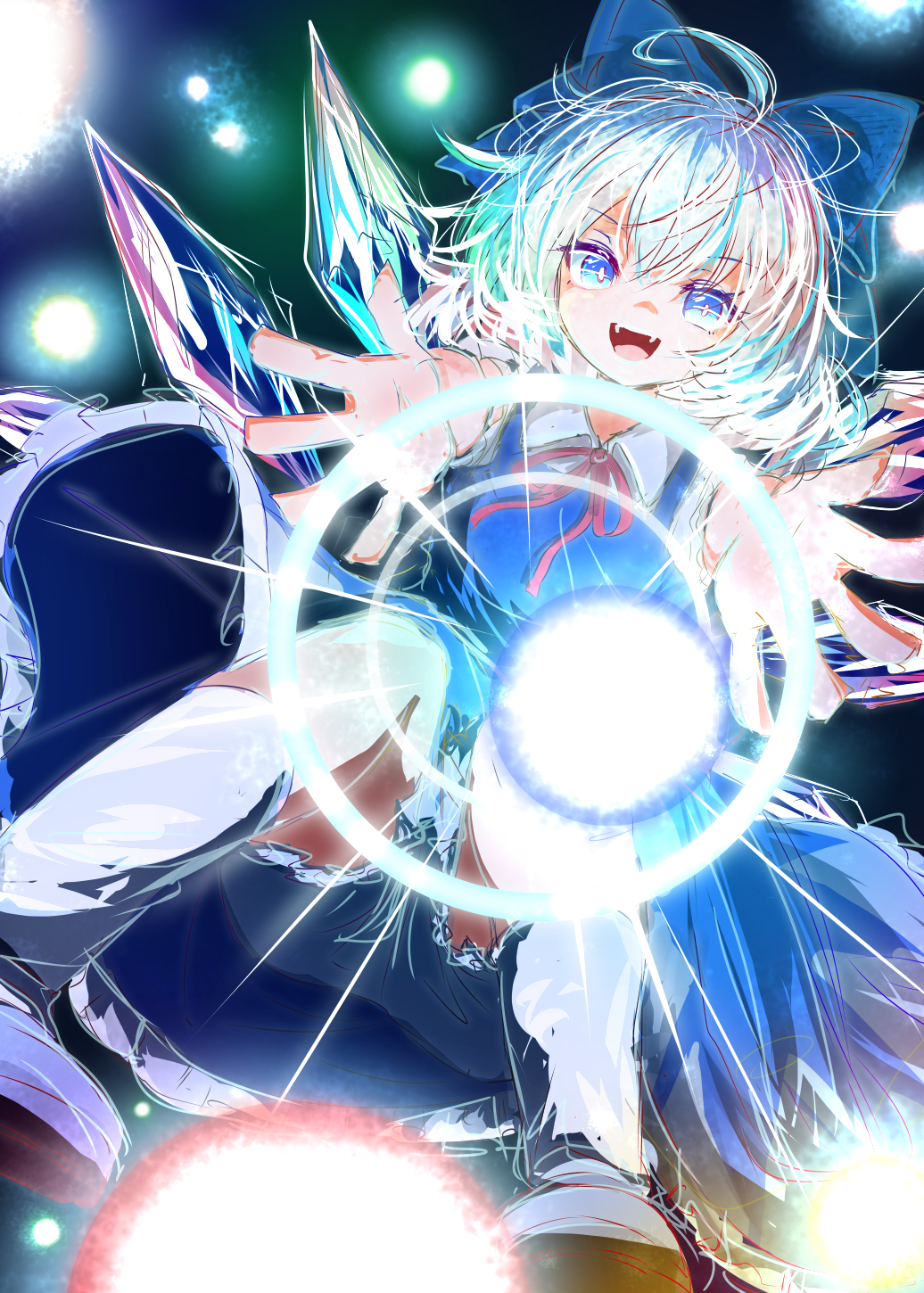 nanahana nanana, cirno, touhou, commentary, highres, 1girl, bloomers, blue bow, blue dress, blue hair, bow, collared shirt, danmaku, detached wings, dress, hair bow, ice, ice wings, incoming attack, looking at viewer, neck ribbon, open mouth, pinafore dress, red ribbon, ribbon, shirt, shoes, sleeveless, sleeveless dress, smile, socks, solo, underwear, upskirt, white bloomers, white shirt, white socks, wings