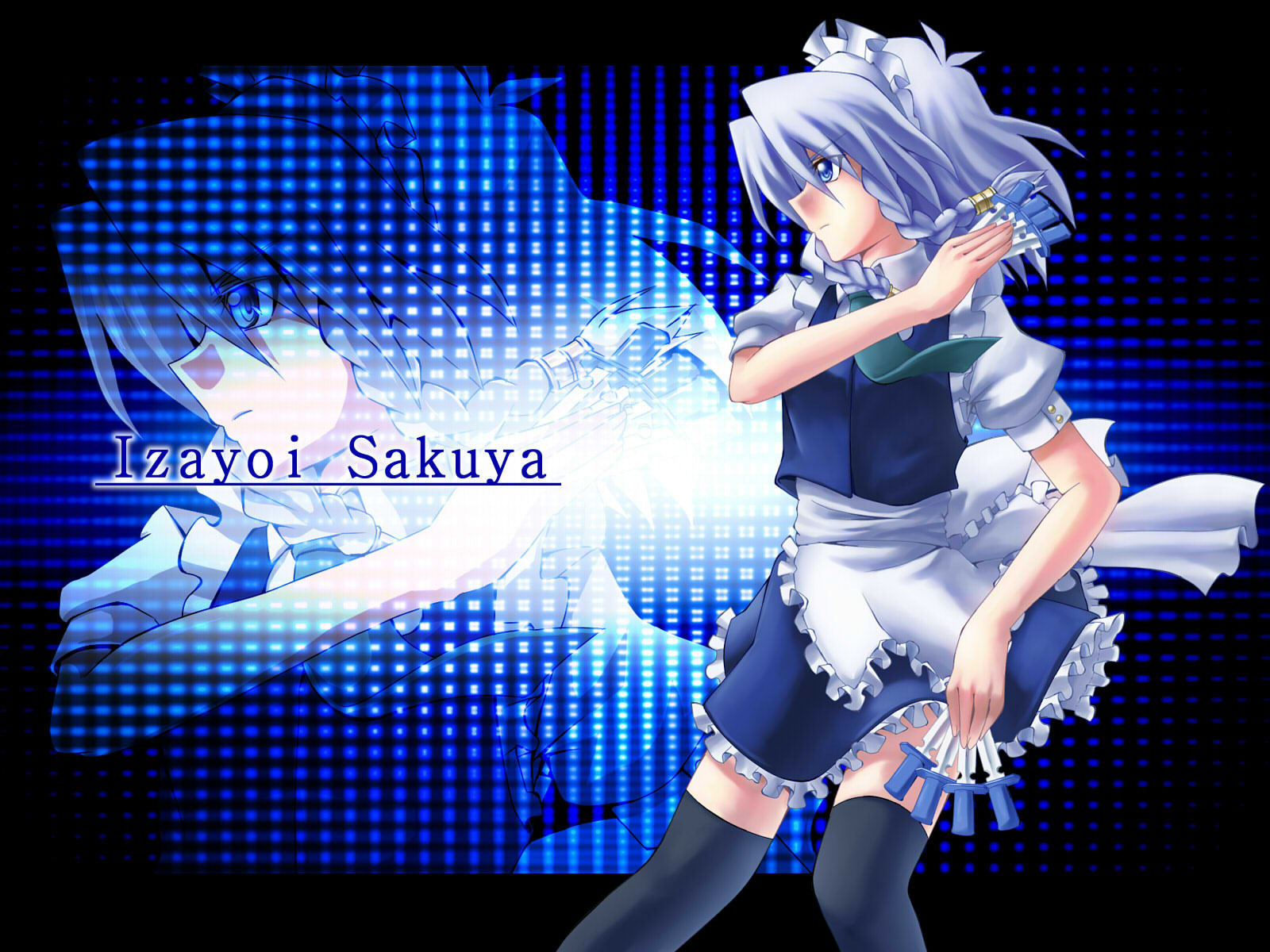 norun, izayoi sakuya, touhou, silver hair, highres, 1girl, blue eyes, braid, character name, female focus, knife, maid, short hair, solo, thighhighs, throwing knife, twin braids, weapon, zoom layer
