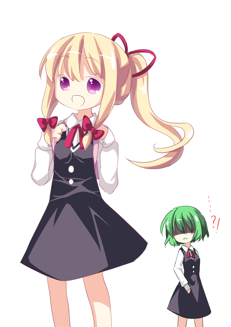 curtain (posuinochuanglian), kazami yuuka, yakumo yukari, touhou, !?, 2girls, :o, alternate costume, alternate hairstyle, backpack, bag, blonde hair, faceless, female focus, green hair, long hair, multiple girls, no eyes, ponytail, purple eyes, school uniform, shaded face, short hair, simple background, white background