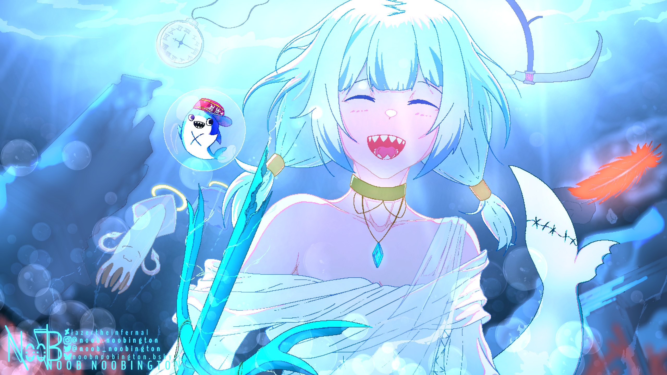 bloop (gawr gura), gawr gura, takodachi (ninomae ina'nis), hololive, hololive english, highres, alternate costume, alternate hairstyle, bubble, choker, closed eyes, feathers, fins, fish tail, happy, holding, holding polearm, holding weapon, ikadachi, jewelry, multicolored hair, necklace, noob noobington, open mouth, pocket watch, polearm, ruins, scythe, shark tail, sharp teeth, short twintails, smile, tail, teeth, trident, twintails, underwater, virtual youtuber, watch, watermark, weapon
