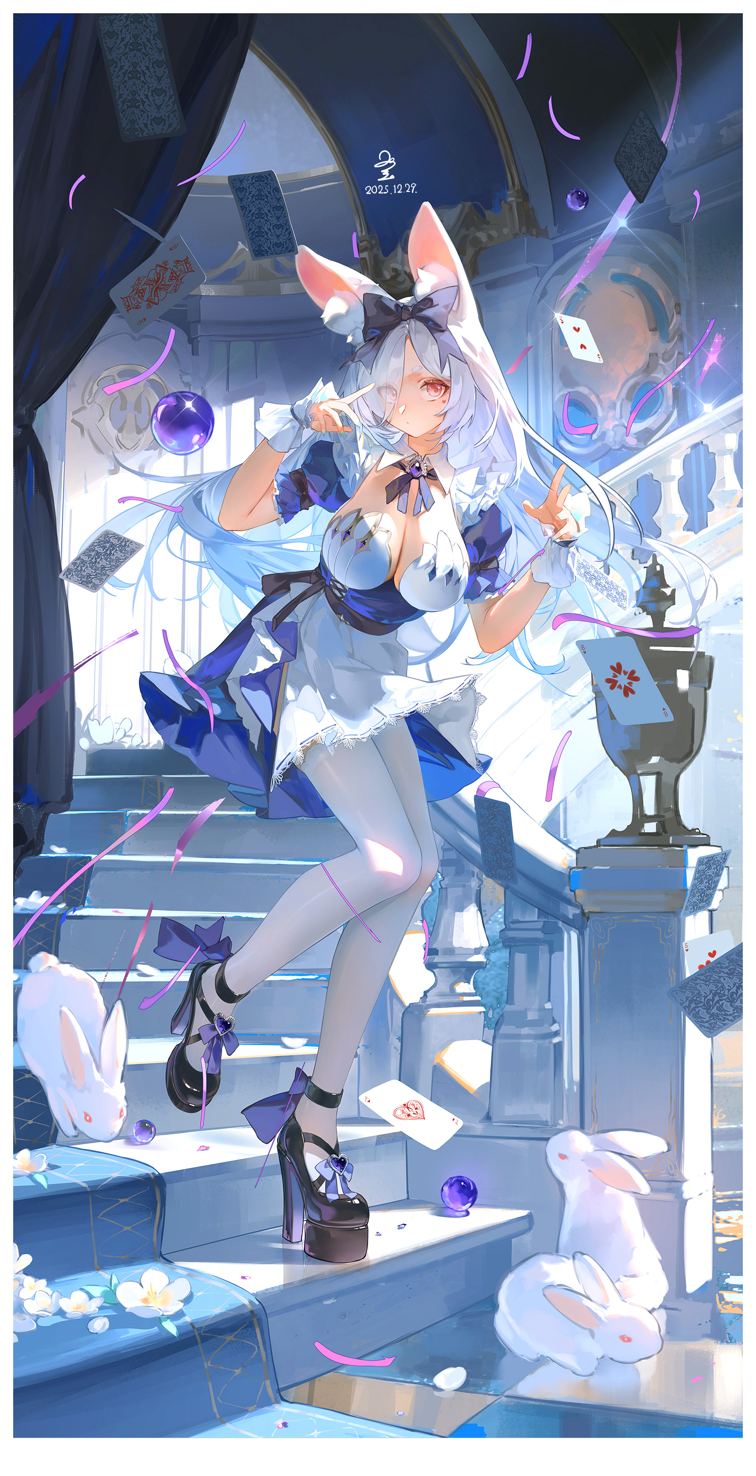 ribao, original, absurdres, highres, 1girl, animal ear fluff, animal ears, black shoes, bow, breasts, card, cleavage, dress, floating hair, full body, hair bow, indoors, large breasts, playing card, rabbit, rabbit ears, red eyes, shoes, solo, spiral staircase, stairs, standing, thighhighs, white dress, white hair, white thighhighs, wrist cuffs