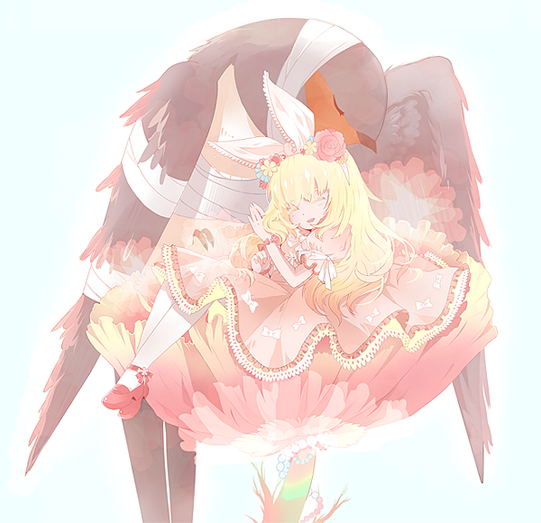 mizushirazu, thumbelina (andersen), andersen's fairy tales, original, bad id, bad pixiv id, bandages, bird, blonde hair, bow, bracelet, closed eyes, dress, flower, hair bow, hair flower, hair ornament, jewelry, mary janes, mini person, minigirl, pantyhose, shoes, solo