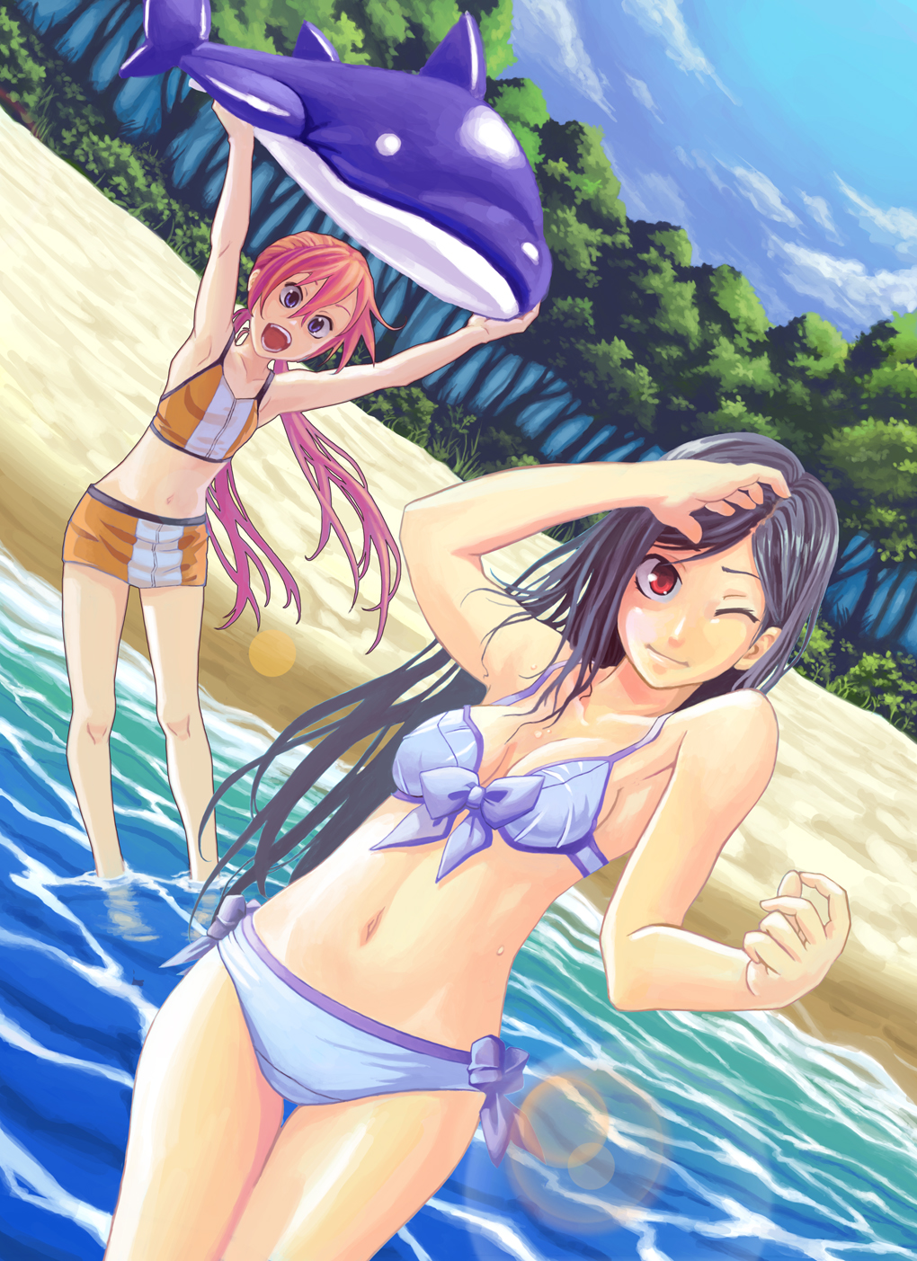 naao, original, bad id, bad pixiv id, highres, 2girls, beach, bikini, blue hair, cloud, cross-eyed, day, forest, front-tie top, legs, lens flare, long hair, multiple girls, nature, outdoors, pink hair, purple hair, red eyes, sand, side-tie bikini bottom, sky, swimsuit, tankini, tree, water