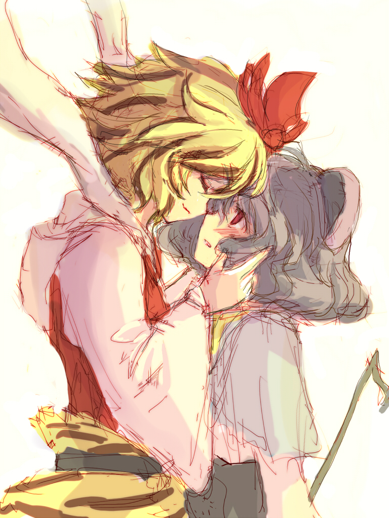 kuronuko neero, nazrin, toramaru shou, touhou, undefined fantastic object, 2girls, animal ears, blush, closed eyes, face-to-face, female focus, hands on another's face, height difference, mouse tail, multiple girls, noses touching, shawl, short hair, sketch, tail, yuri