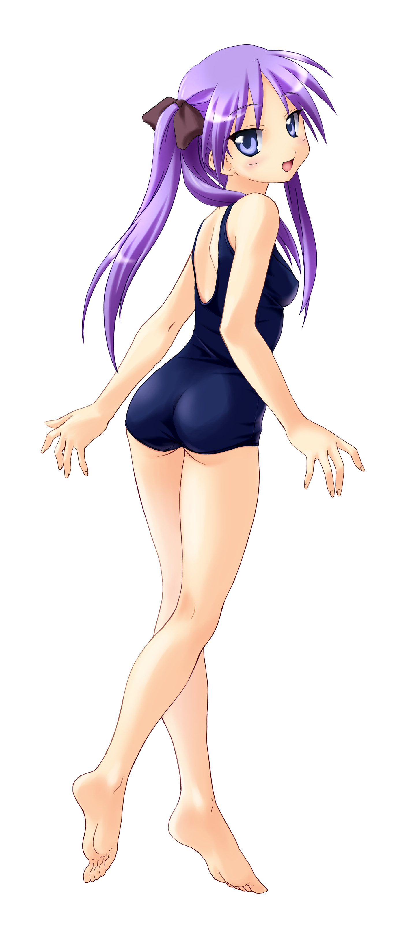 norizou type-r, hiiragi kagami, lucky star, absurdres, highres, 00s, 1girl, ass, barefoot, blue eyes, blush, feet, female focus, full body, hair ribbon, kneepits, long hair, looking back, one-piece swimsuit, purple hair, ribbon, school swimsuit, simple background, smile, solo, standing, swimsuit, tsurime, twintails