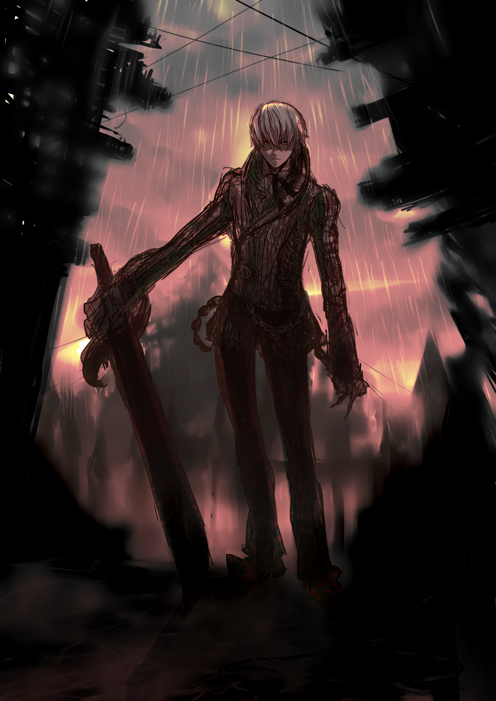 arute, man with watch, liarsoft, sekien no inganock, steampunk (liarsoft), bad id, bad pixiv id, highres, 1boy, claws, male focus, solo, sword, weapon