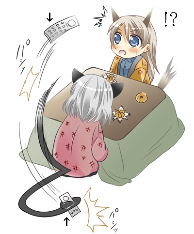 abenattou, eila ilmatar juutilainen, sanya v. litvyak, strike witches, world witches series, silver hair, bad id, bad pixiv id, lowres, 00s, 2girls, animal ears, blonde hair, blue eyes, cat ears, cat tail, food, fruit, kotatsu, mandarin orange, multiple girls, open mouth, sitting, table, tail