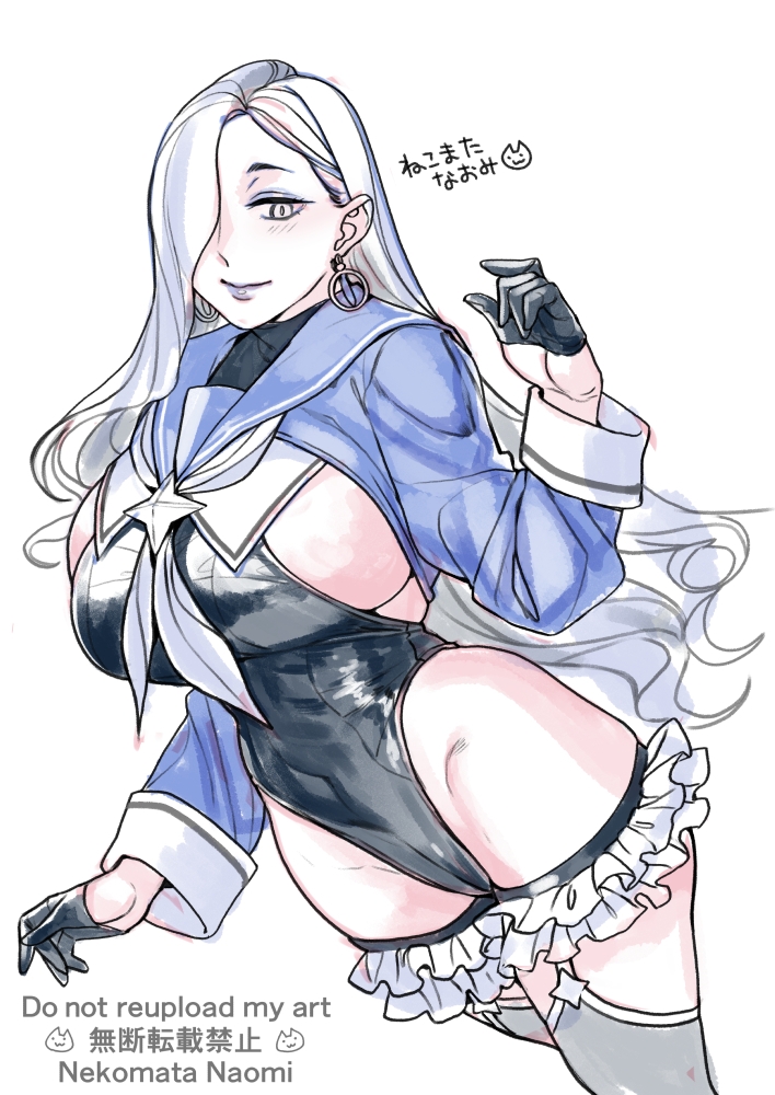 nekomata naomi, mrs. snake (fate), shimiko (blue archive), shimiko (magical) (blue archive), blue archive, fate/grand order, fate (series), revision, translation request, 1girl, black gloves, black leotard, blue sailor collar, blue shrug, bow, breast curtains, breasts, cosplay, earrings, eyeliner, frills, garter straps, glasses, gloves, greyscale, hair bow, hair ornament, hair over one eye, half gloves, highleg, highleg leotard, hoop earrings, jewelry, large breasts, leotard, lipstick, long hair, long sleeves, looking at viewer, makeup, monochrome, neckerchief, sailor collar, shimiko (blue archive) (cosplay), shrug (clothing), smile, solo, spot color, thighhighs, thighs