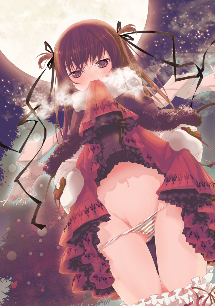 pompier, tsucaco, original, 1girl, brown eyes, brown hair, christmas, christmas tree, clothes in mouth, clothes lift, coat, female focus, groin, hair ribbon, long hair, mittens, moon, mouth hold, night, panties, panty pull, ribbon, short twintails, skirt, skirt in mouth, skirt lift, sky, solo, star (sky), star (symbol), starry sky, striped clothes, striped panties, thigh gap, thighs, twintails, two side up, underwear, white mittens