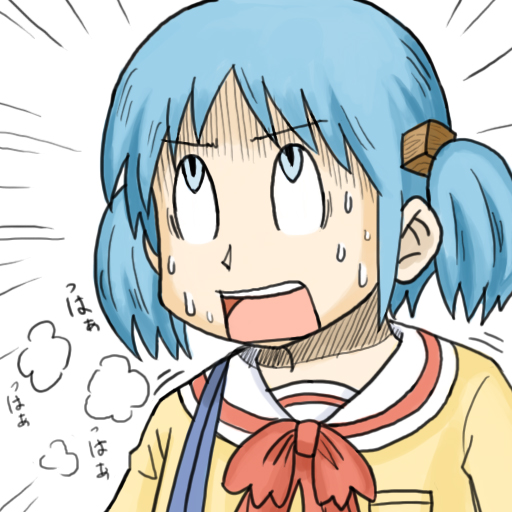 tony (chikaku kabin), naganohara mio, nichijou, 1girl, blue hair, cube hair ornament, female focus, hair ornament, school uniform, solo, sweatdrop, tokisadame school uniform, twintails