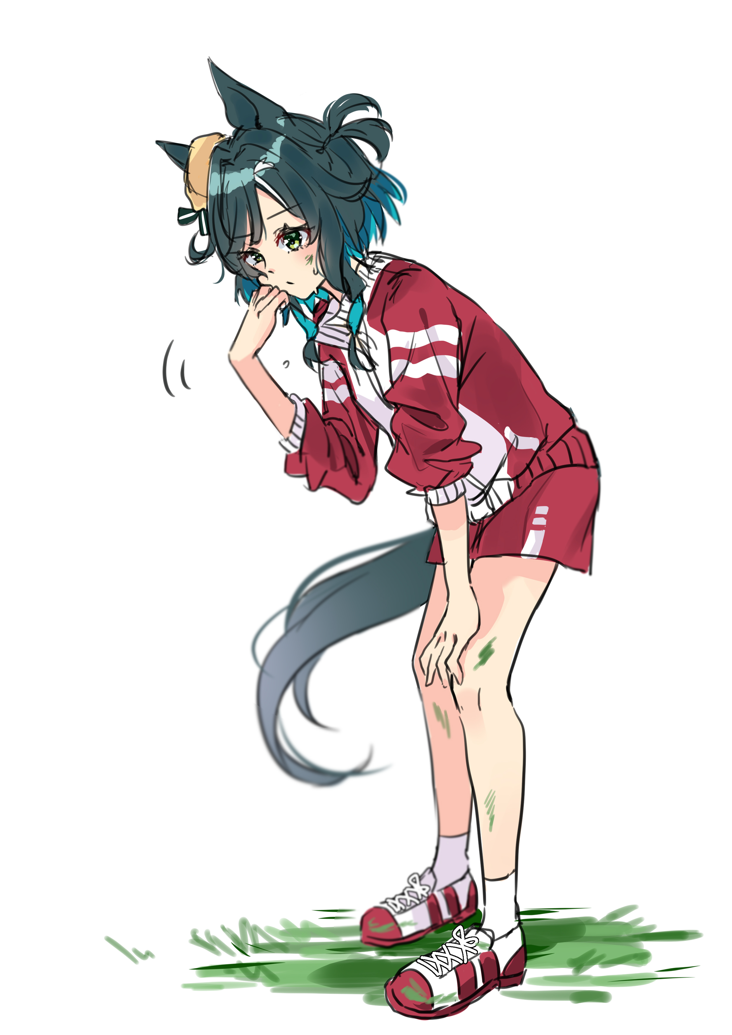 morizu929, kiseki (umamusume), umamusume, absurdres, highres, 1girl, animal ears, blush, bow, closed mouth, ear bow, ears through headwear, grass, green eyes, green hair, hair between eyes, hat, horse ears, horse girl, horse tail, jacket, medium hair, multicolored hair, red jacket, red shorts, shoes, shorts, socks, solo, sweat, tail, tracen training uniform, track jacket, white socks, white streaks, yellow beret