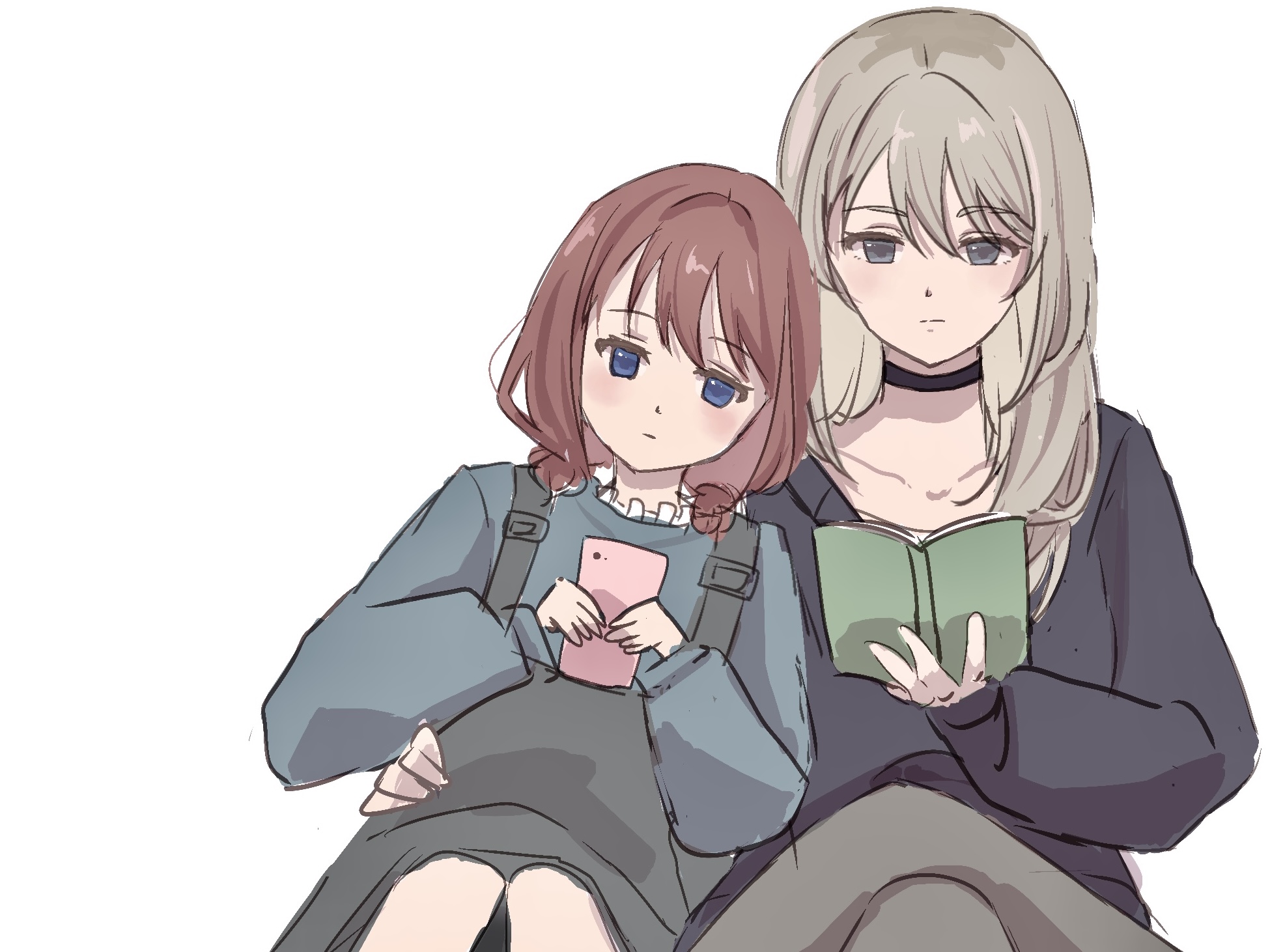 iseri nina, kawaragi momoka, girls band cry, commentary, highres, 2girls, black choker, black overalls, black sweater, blue eyes, blue sweater, brown hair, cellphone, choker, closed mouth, grey eyes, grey hair, holding, holding phone, long hair, long sleeves, low twintails, multiple girls, overalls, phone, red eyes, salted butter m, short hair, short twintails, smartphone, sweater, twintails