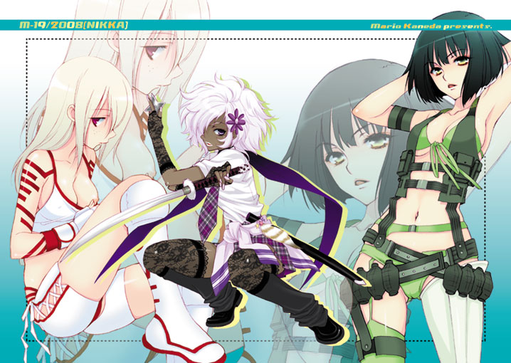 mario kaneda, holly summers, jeane (nmh), shinobu jacobs, grasshopper manufacture, no more heroes, plaid, bad id, bad pixiv id, 3girls, armpits, arms behind head, belt, bike shorts, bikini, black hair, blonde hair, bob cut, boots, breasts, camisole, cleavage, clothes around waist, covered erect nipples, crop top, dark-skinned female, dark skin, dual wielding, elbow gloves, explosive, fighting stance, fingerless gloves, front-tie top, garter belt, garter straps, gloves, grenade, hair ornament, hair over one eye, holding, katana, lace, leg up, lips, lipstick, long hair, loose socks, makeup, medium breasts, multiple girls, nail polish, navel, necktie, ninja, nipples, prosthesis, purple eyes, red eyes, school uniform, shoes, short hair, shorts, shuriken, sitting, skirt, socks, squatting, sweater, sweater around waist, swimsuit, sword, tank top, thigh strap, thighhighs, underboob, vest, weapon, white hair, yellow eyes, zoom layer