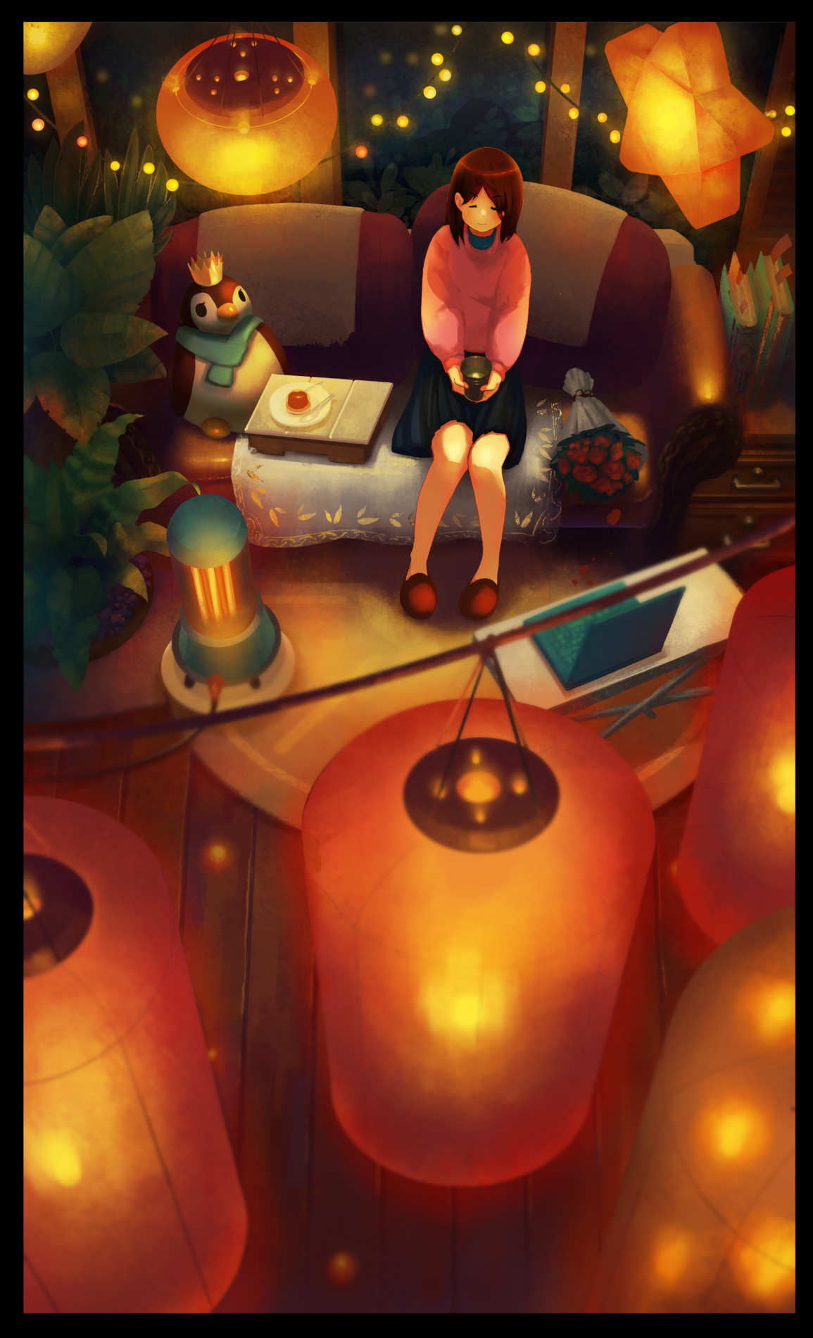 original, highres, 1girl, black skirt, bouquet, brown hair, ceiling light, closed eyes, computer, couch, cup, flower, heater, holding, holding cup, indoors, laptop, miniskirt, night, on couch, pink sweater, pkt77, plant, potted plant, scenery, sitting, skirt, slippers, solo, string of light bulbs, stuffed animal, stuffed penguin, stuffed toy, sweater, window, wooden floor