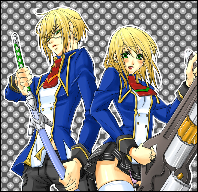 akatsuki tomato, kisaragi jin, noel vermillion, arc system works, blazblue, blazblue: calamity trigger, 1boy, 1girl, blonde hair, blush, glasses, green eyes, gun, happy, long hair, miniskirt, necktie, panties, pants, pantyshot, school uniform, short hair, skirt, striped clothes, striped panties, sword, thighhighs, underwear, upskirt, weapon, yukianesa