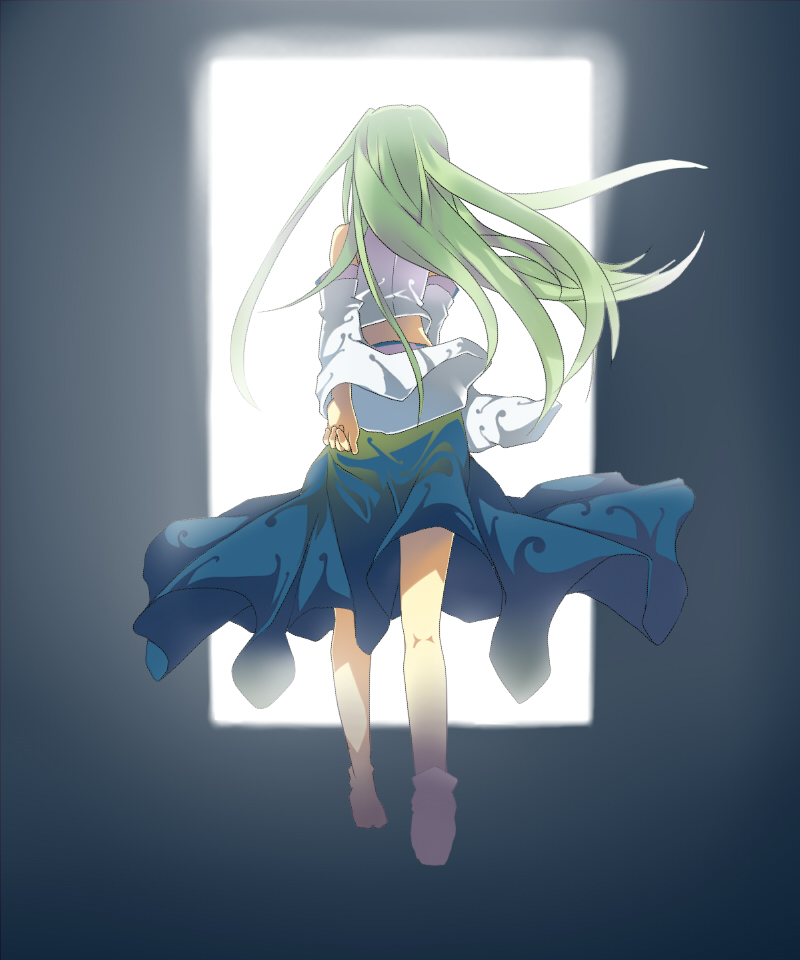 tatsuyoshi, kochiya sanae, touhou, bad id, bad pixiv id, 1girl, detached sleeves, female focus, from behind, full body, green hair, long hair, solo, standing