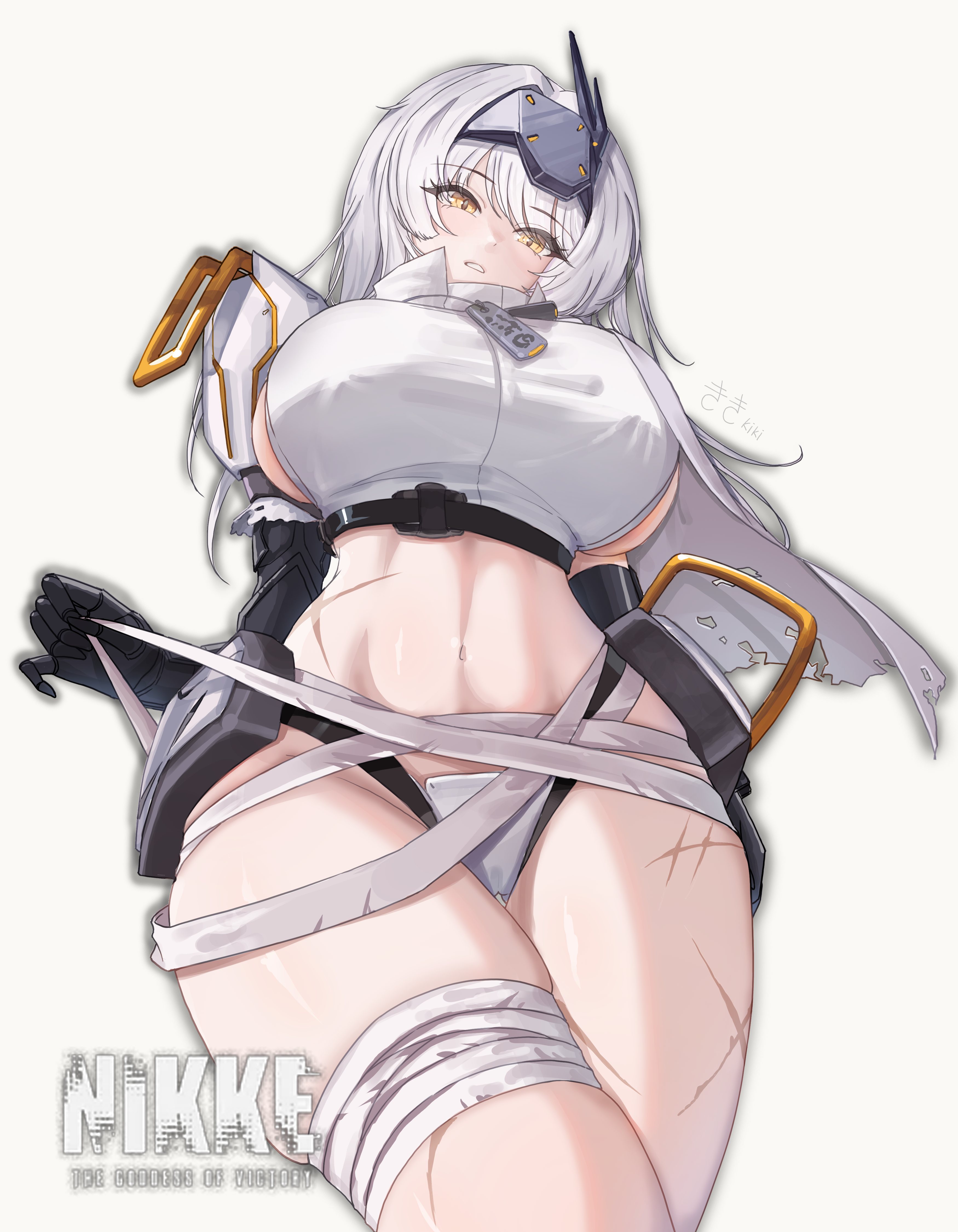 kiki (akasaka0818), snow white (nikke), goddess of victory: nikke, absurdres, commentary, highres, 1girl, armor, bandaged waist, blush, breasts, cloak, cowboy shot, crotch plate, dog tags, head-mounted display, holding, large breasts, logo, long hair, looking at viewer, mechanical arms, multiple scars, navel, parted lips, scar, scar on leg, scar on stomach, shirt, shoulder armor, sideboob, sidelocks, signature, simple background, skindentation, snow white (heavy arms) (nikke), solo, standing, stomach, swept bangs, thigh strap, torn cloak, torn clothes, white background, white cloak, white hair, white shirt, yellow eyes