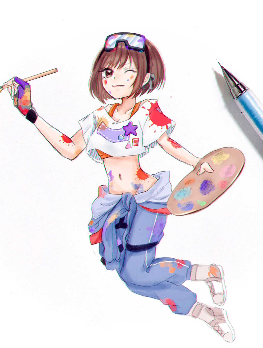 shinonome ena, project sekai, highres, 1girl, a asn56, blue pants, breasts, brown eyes, brown hair, cleavage, closed mouth, clothes around waist, collarbone, crop top, eyelashes, fingerless gloves, fingernails, full body, gloves, goggles, goggles on head, holding, holding paint palette, holding paintbrush, midriff, navel, one eye closed, orange sports bra, paint on body, paint on clothes, paint palette, paint splatter, paint splatter on face, paintbrush, pants, pen, purple gloves, shirt, shoes, short hair, short sleeves, simple background, single fingerless glove, smile, solo, sports bra, star (symbol), white background, white shirt, white shoes