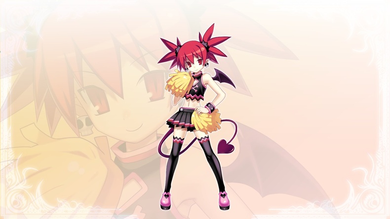 etna (disgaea), cross edge, disgaea, makai senki disgaea, official art, 00s, 1girl, alternate costume, cheerleader, demon girl, demon tail, demon wings, female focus, pom pom (cheerleading), red eyes, red hair, skull, solo, tail, wings