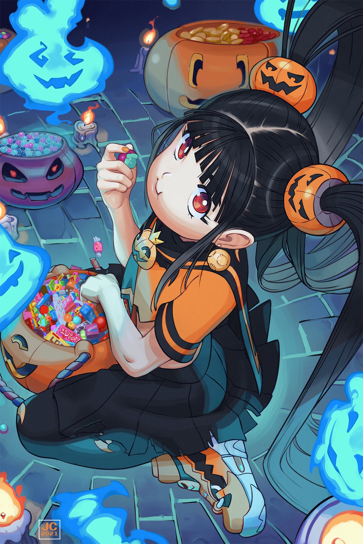 overlord jc, original, highres, 1girl, 2021, alternate costume, black hair, black pantyhose, black sailor collar, black skirt, blue fire, candle, candy, candy wrapper, chewing, crop top, cropped shirt, earrings, fingernails, fire, food, food in mouth, from above, full body, hair bobbles, hair ornament, halloween, halloween bucket, halloween costume, hand up, holding, holding candy, holding food, jack-o'-lantern, jack-o'-lantern hair ornament, jewelry, kneeling, lollipop, long hair, looking at viewer, looking up, nail polish, orange nails, orange serafuku, orange shoes, pantyhose, pleated skirt, pumpkin, sailor collar, school uniform, serafuku, shoes, short sleeves, sitting, skirt, smile, sneakers, solo, sphere earrings, swirl lollipop, torn clothes, torn pantyhose, twintails, wariza, will-o'-the-wisp (mythology)