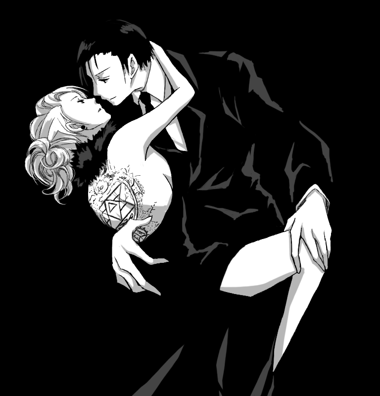 riza hawkeye, roy mustang, fullmetal alchemist, non-web source, 00s, 1boy, 1girl, back, back tattoo, backless dress, backless outfit, bare back, bare shoulders, black background, dress, feather boa, formal clothes, greyscale, hetero, holding, hug, imminent kiss, manly, monochrome, ponytail, suit, tattoo