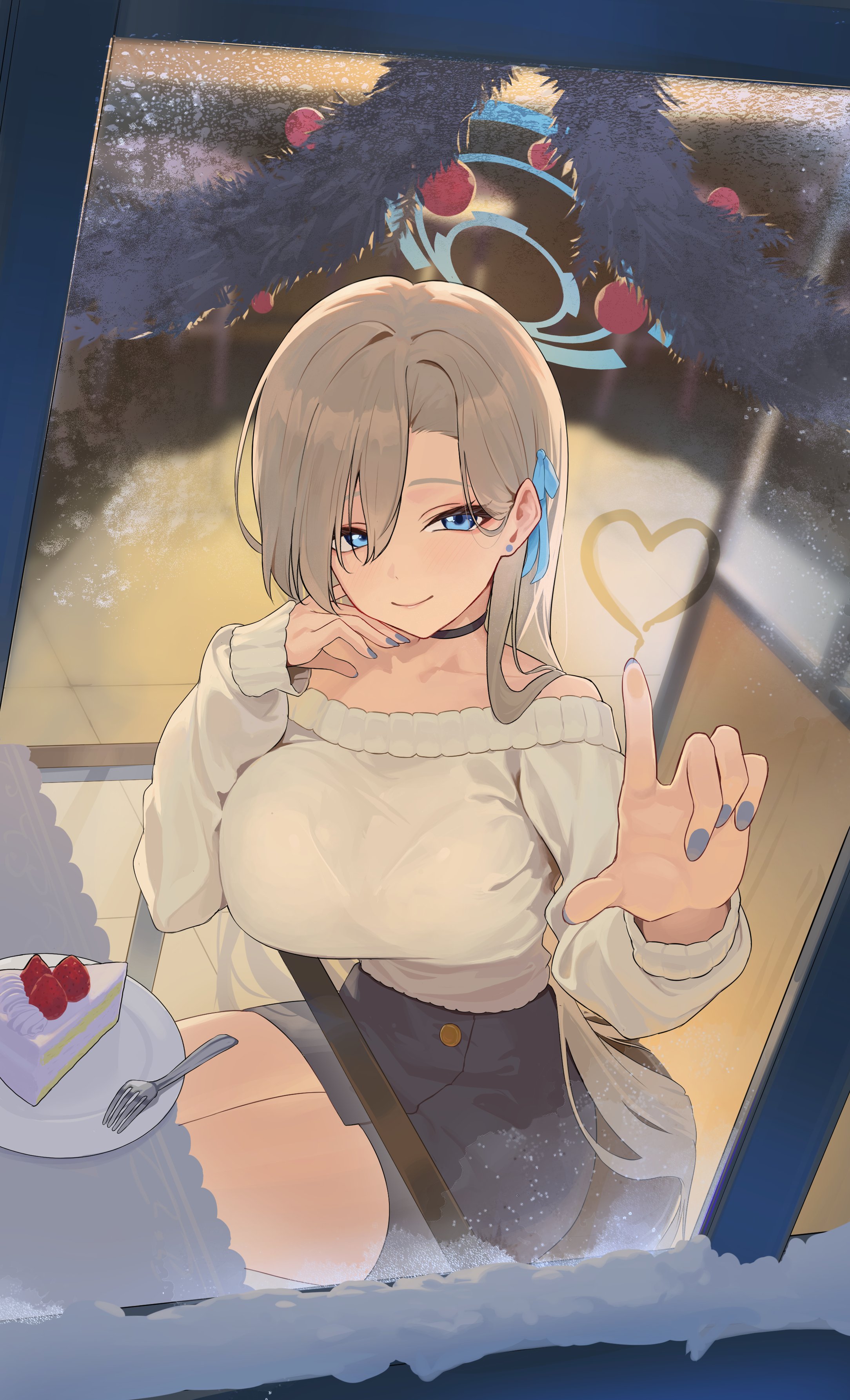 ojisan kamo shiremasen, asuna (blue archive), blue archive, absurdres, highres, 1girl, bare shoulders, blonde hair, blue eyes, blue halo, blue skirt, breasts, cake, cake slice, choker, collarbone, food, fork, hair over one eye, hair ribbon, halo, large breasts, long hair, looking at viewer, off-shoulder sweater, off shoulder, plate, ribbon, sitting, skirt, smile, solo, sweater, thighs, very long hair, white sweater