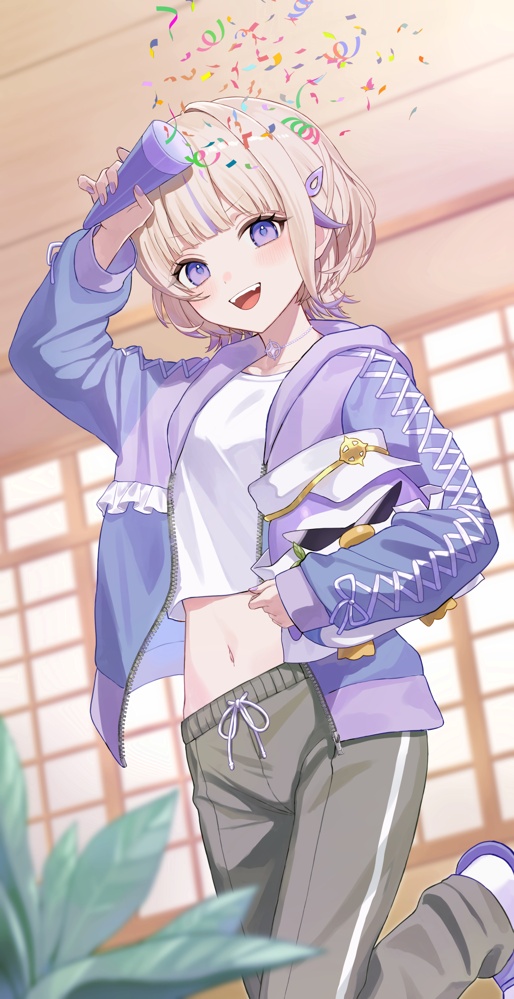 kiina (mrnsor), todoroki hajime, todoroki hajime (1st costume), hololive, hololive dev is, absurdres, highres, 1girl, black pants, blonde hair, choker, crop top, jacket, long sleeves, midriff, multicolored hair, navel, open mouth, pants, purple eyes, purple hair, purple jacket, shirt, smile, solo, stomach, sweatpants, virtual youtuber, white shirt