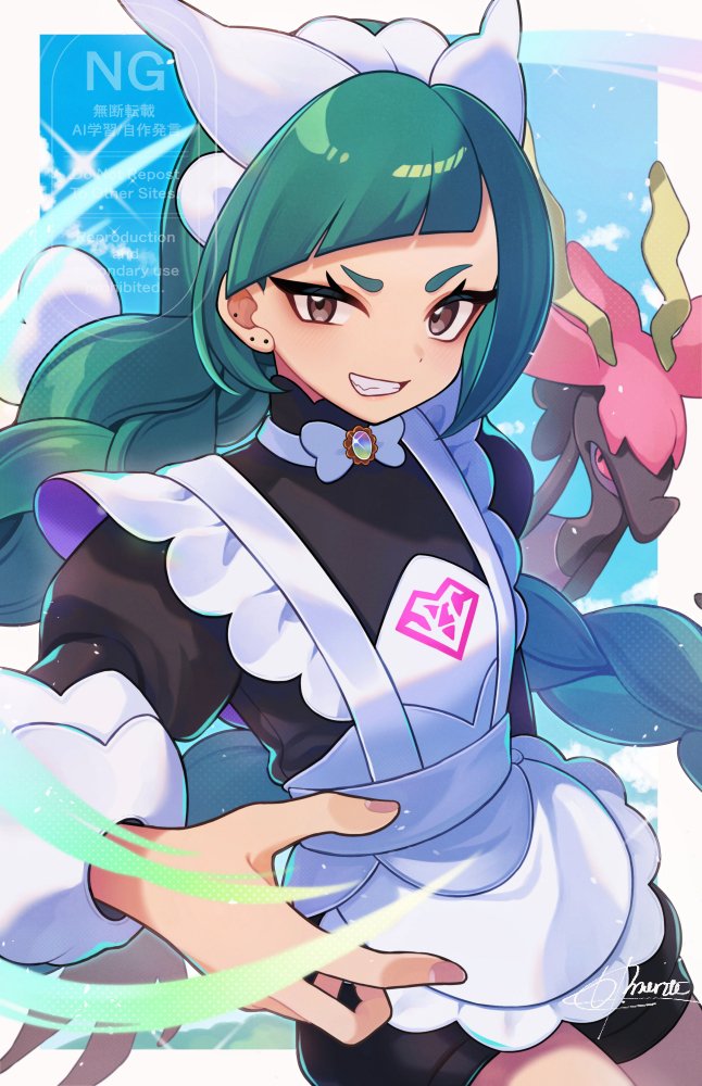 hachimitsu monte, dragalge, lebanne (pokemon), nintendo, pokemon, pokemon legends: z-a, 1girl, apron, black romper, blunt bangs, blush, bow, bowtie, braid, braided ponytail, breasts, brown eyes, colored sclera, fish, gen 6 pokemon, green hair, grin, juliet sleeves, leafy seadragon, long braid, long hair, long sleeves, maid, maid apron, maid headdress, mega stone, open mouth, pokemon (creature), puffy sleeves, red sclera, romper, seahorse, small breasts, smile, teeth, tsurime, white bow, white bowtie