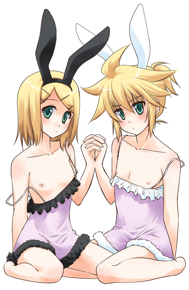 yukako, kagamine len, kagamine rin, vocaloid, 1boy, 1girl, animal ears, blonde hair, brother and sister, crossdressing, flat chest, green eyes, kneeling, loli, nipples, rabbit ears, shota, siblings, strap slip, trap, twins