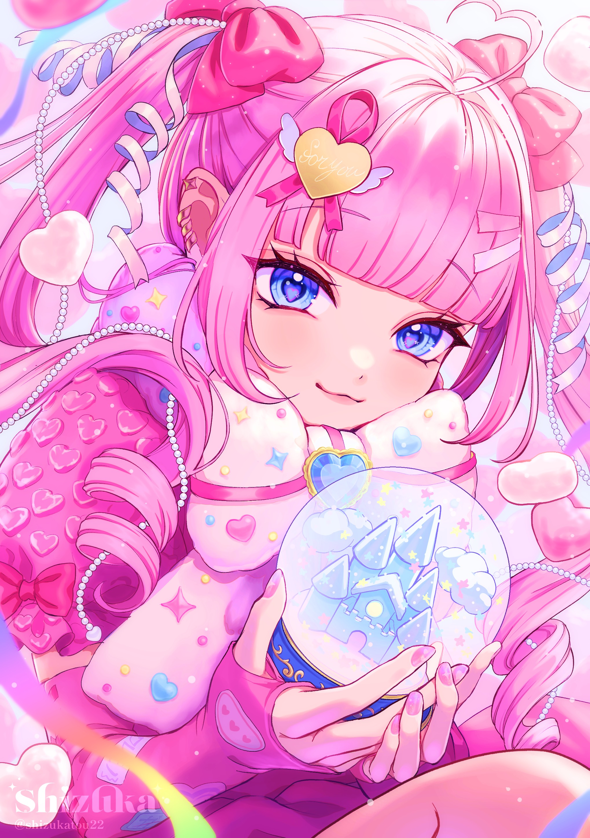 usagiboshi shizuka, original, absurdres, highres, 1girl, blue eyes, bow, closed mouth, dress, drill hair, earrings, fingerless gloves, gloves, hair bow, hair ornament, jewelry, long hair, pink bow, pink dress, pink gloves, pink hair, pink nails, pink sleeves, solo, twintails
